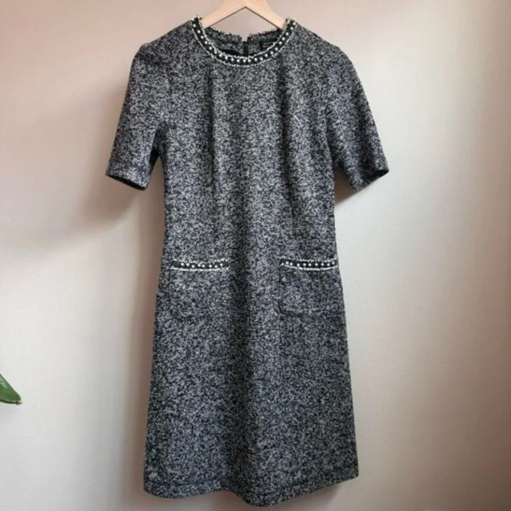 Tahari Tweed Short-Sleeve Pearl Embellished Dress